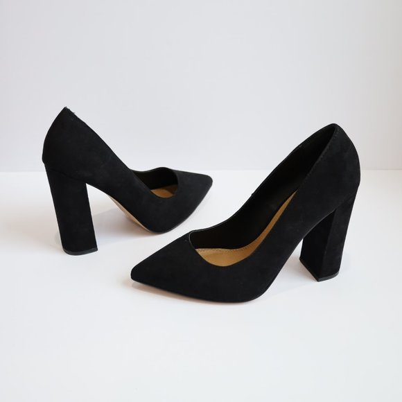 ASOS US Size 8.5 Black Suede Block Chunky Heels Pointy Toe Career - Picture 1 of 13